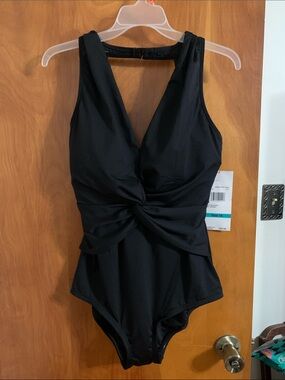 Gabar Draped Twist V-Neck One Piece Swim - Black